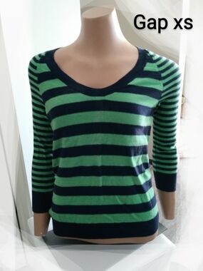 GAP Striped Scoop Neck Sweater - Green & Navy